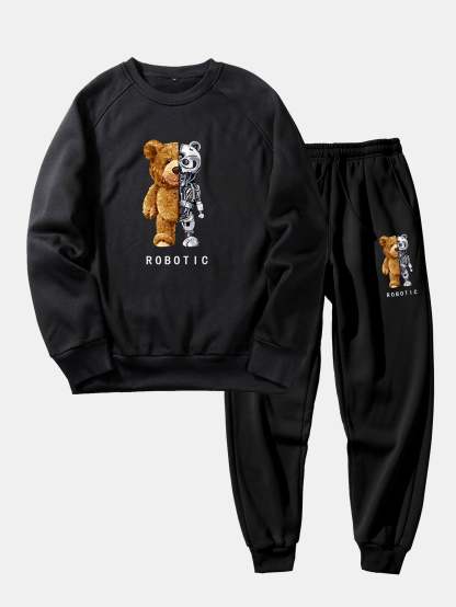 Robot Bear Print Raglan Sleeves Sweatshirt & Jogger Pants-Mitchell Shoes