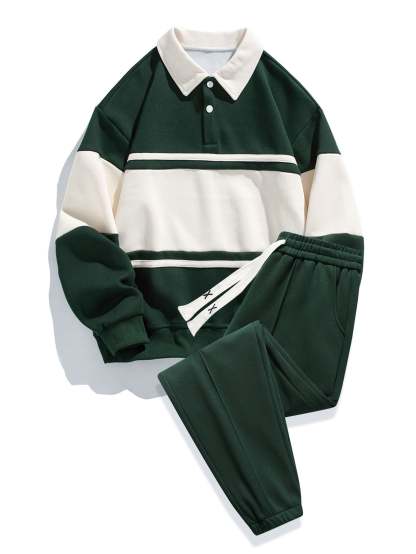 Relax Fit Color Block Patchwork Polo Sweatshirt & Jogger Pants With Pintuck-Mitchell Shoes