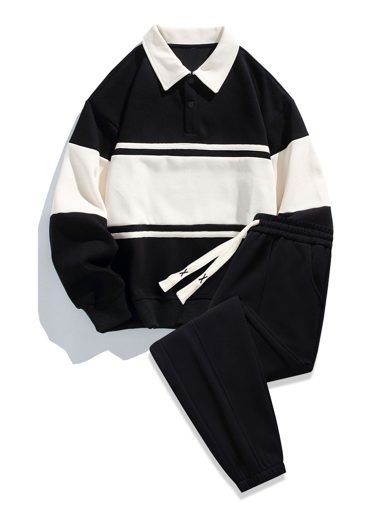 Relax Fit Color Block Patchwork Polo Sweatshirt & Jogger Pants With Pintuck-Mitchell Shoes