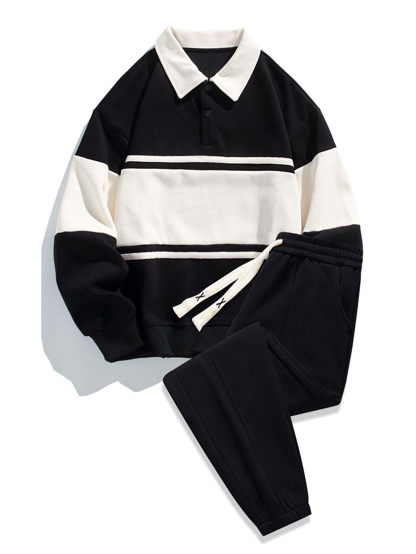 Relax Fit Color Block Patchwork Polo Sweatshirt & Jogger Pants With Pintuck-Mitchell Shoes