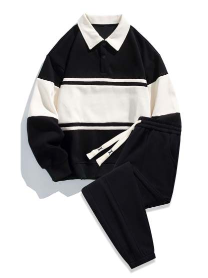 Relax Fit Color Block Patchwork Polo Sweatshirt & Jogger Pants With Pintuck-Mitchell Shoes