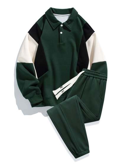 Relax Fit Color Block Polo Sweatshirt & Jogger Pants With Pintuck-Mitchell Shoes