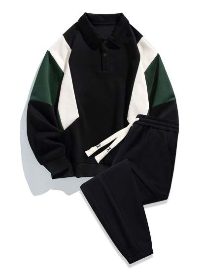 Relax Fit Color Block Polo Sweatshirt & Jogger Pants With Pintuck-Mitchell Shoes