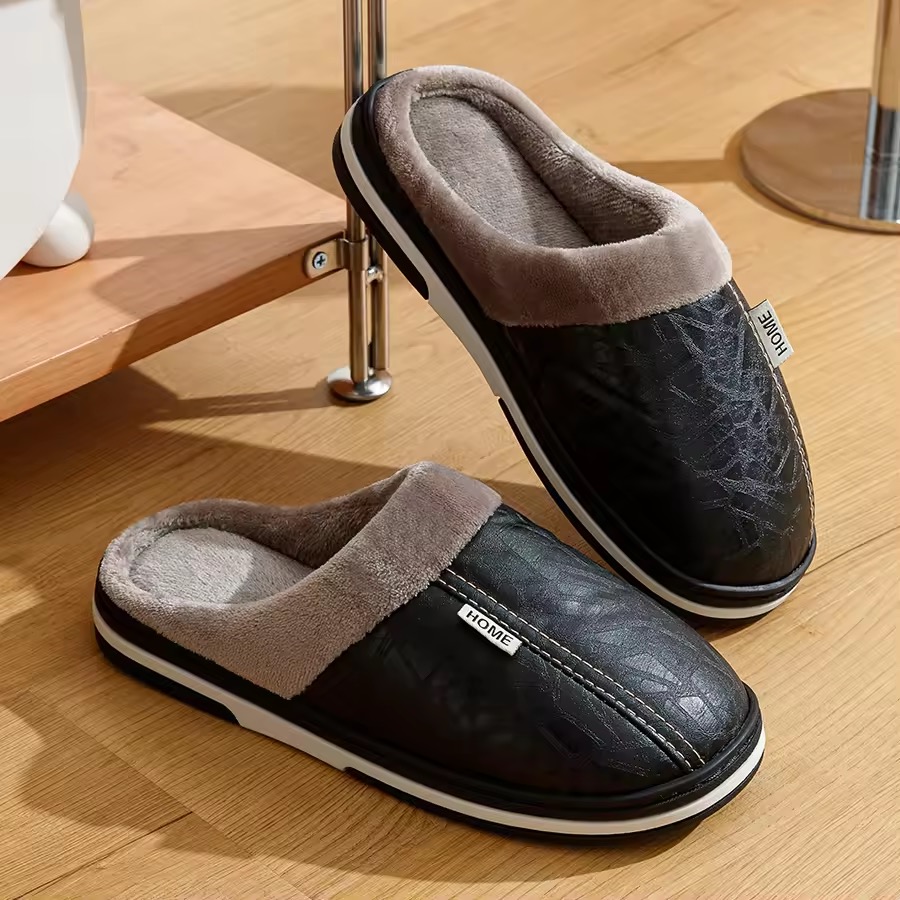 Men’s Waterproof Leather Winter Slippers