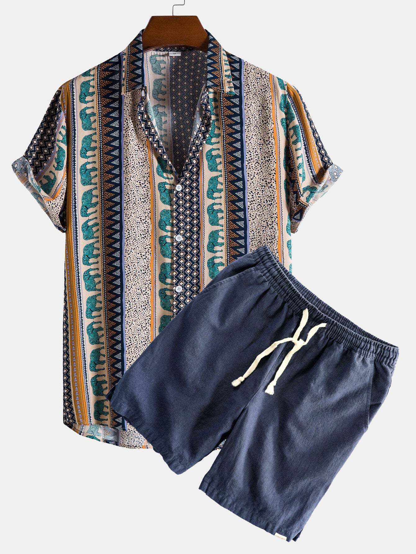 Elephant Geometric Print Shirt & Linen Cotton Blend Drawstring Shorts-Mitchell Shoes
