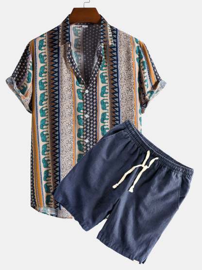 Elephant Geometric Print Shirt & Linen Cotton Blend Drawstring Shorts-Mitchell Shoes