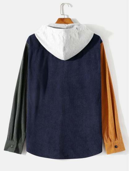 Long Sleeve Color Block Hooded Corduroy Overshirt-Mitchell Shoes