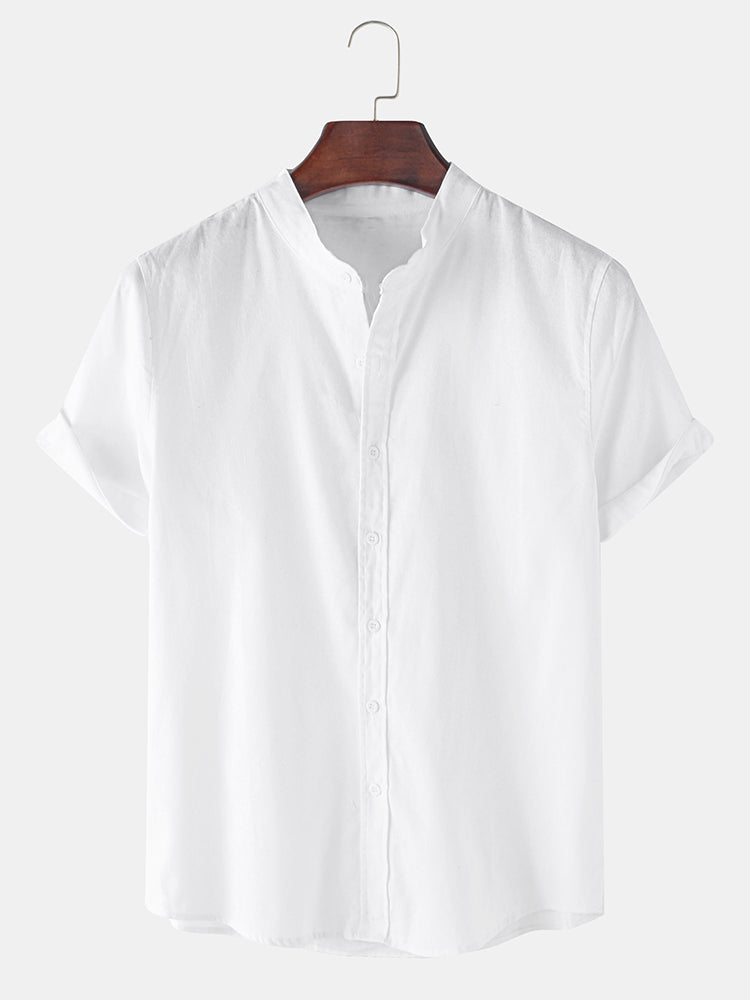 Linen Look Short Sleeve Stand Collar Shirt & Linen Cotton Blend Cropped Pants-Mitchell Shoes