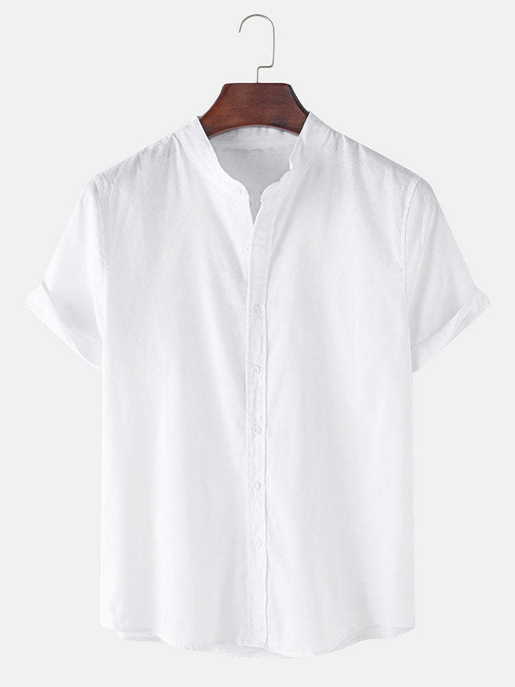 Linen Look Short Sleeve Stand Collar Shirt & Linen Cotton Blend Cropped Pants-Mitchell Shoes