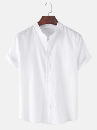 Linen Look Short Sleeve Stand Collar Shirt & Linen Cotton Blend Cropped Pants-Mitchell Shoes