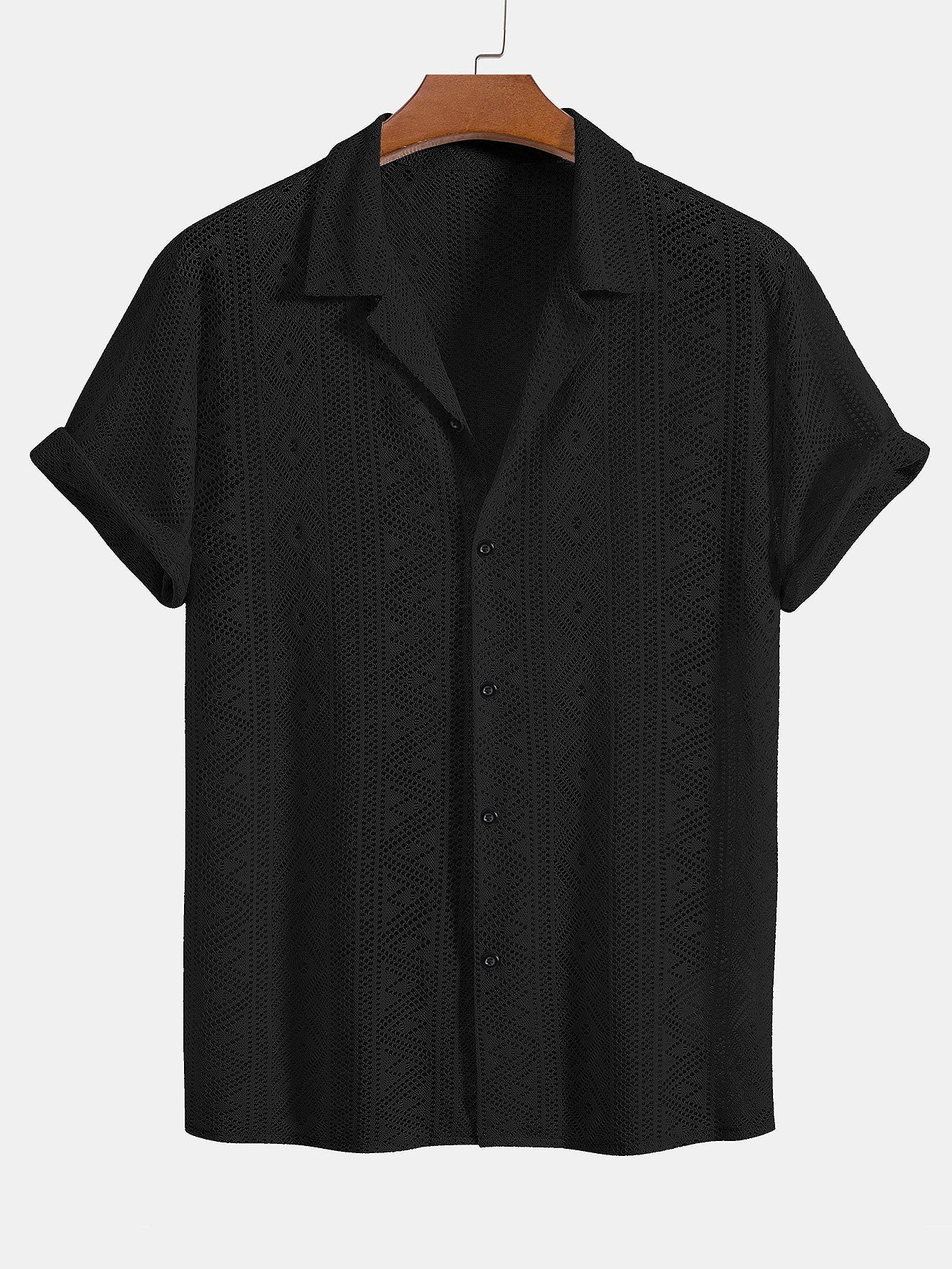 Short Sleeve Geometry Textured Cuban Shirt & Linen Cotton Blend Shorts-Mitchell Shoes