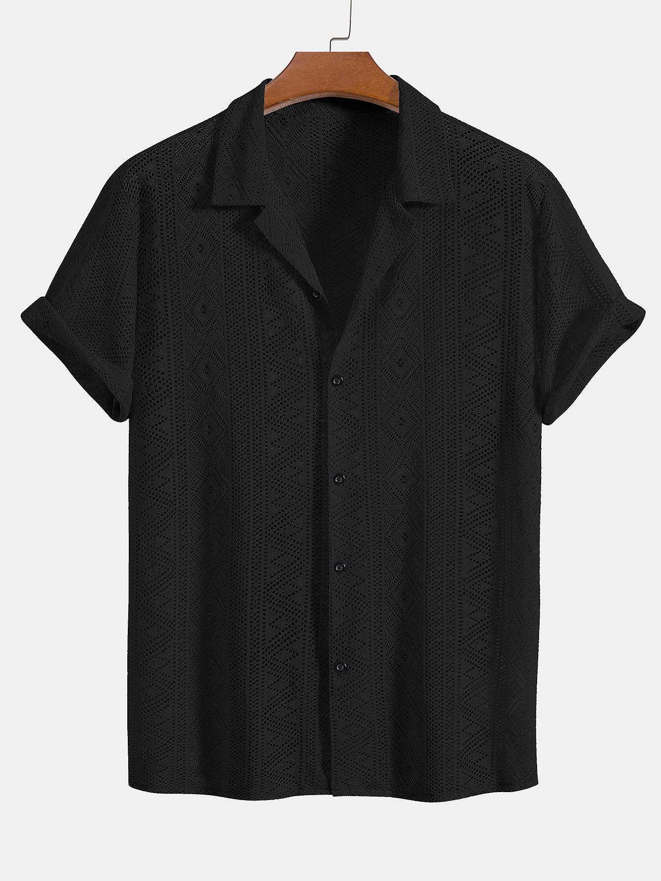 Short Sleeve Geometry Textured Cuban Shirt & Linen Cotton Blend Shorts-Mitchell Shoes
