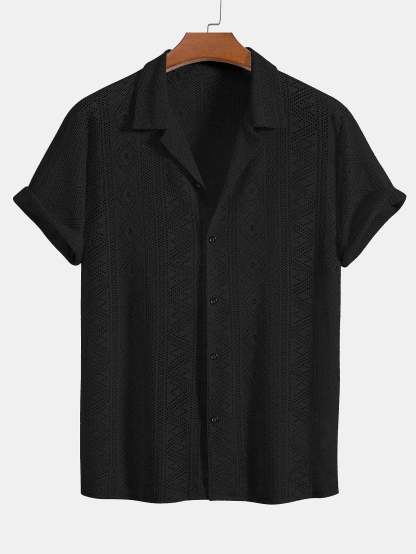 Short Sleeve Geometry Textured Cuban Shirt & Linen Cotton Blend Shorts-Mitchell Shoes