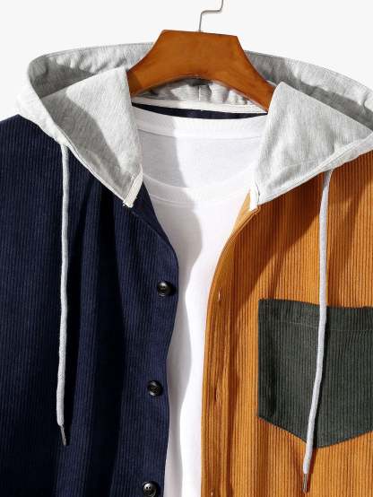 Long Sleeve Color Block Hooded Corduroy Overshirt-Mitchell Shoes