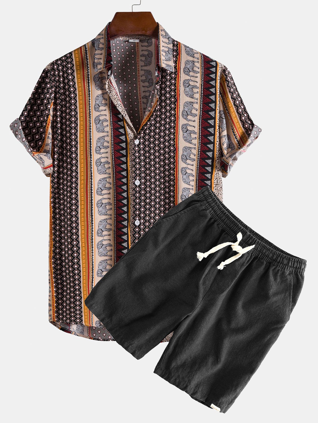 Elephant Geometric Print Shirt & Linen Cotton Blend Drawstring Shorts-Mitchell Shoes