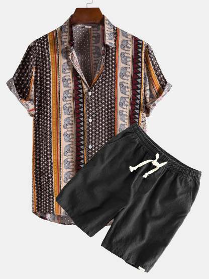 Elephant Geometric Print Shirt & Linen Cotton Blend Drawstring Shorts-Mitchell Shoes