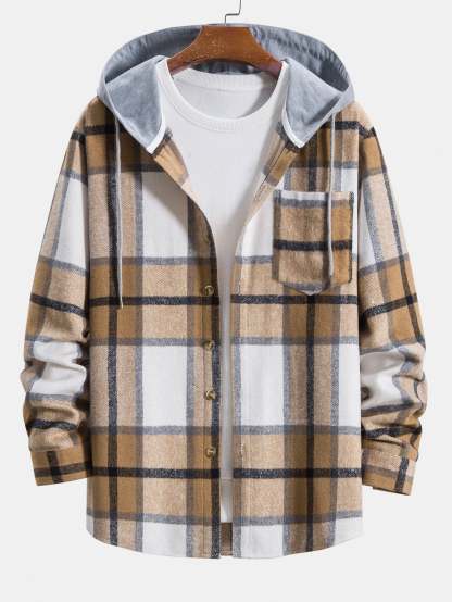 Contrast Flannel Plaid Hooded Overshirt-Mitchell Shoes