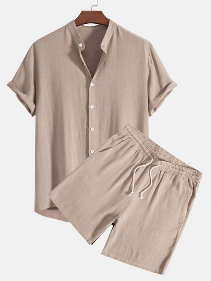 Linen And Rayon Blend Stand Collar Shirt & Shorts-Mitchell Shoes