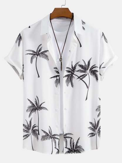 Palm Tree Print Button Up Shirt & Linen Cotton Blend Cropped Pants-Mitchell Shoes