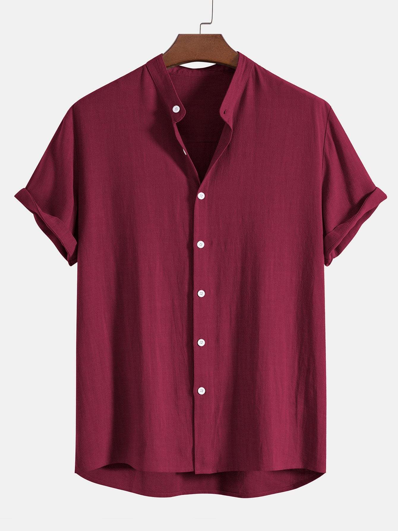 Linen And Rayon Blend Stand Collar Shirt & Linen Cotton Blend Drawstring Shorts-Mitchell Shoes