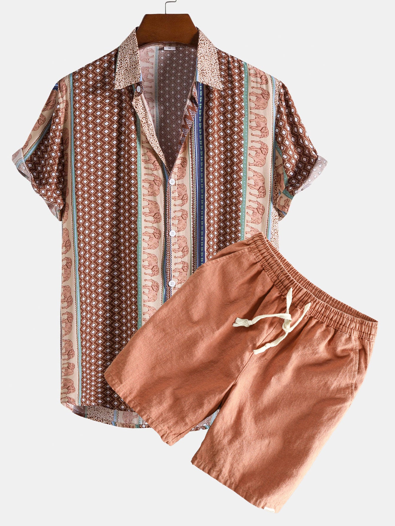 Elephant Geometric Print Shirt & Linen Cotton Blend Drawstring Shorts-Mitchell Shoes
