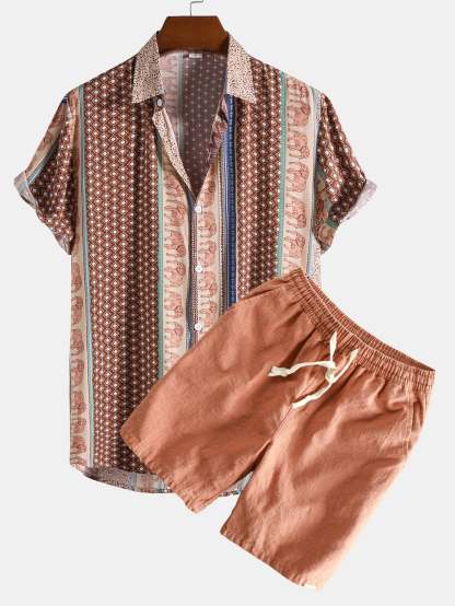 Elephant Geometric Print Shirt & Linen Cotton Blend Drawstring Shorts-Mitchell Shoes