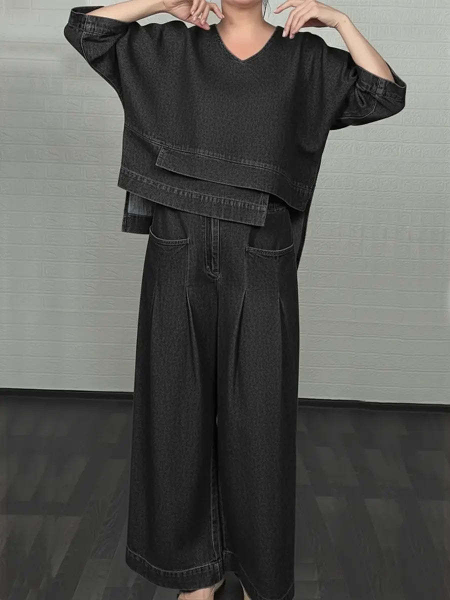 💝💝Women's Casual Denim Cotton Top And Pants Two-piece Set