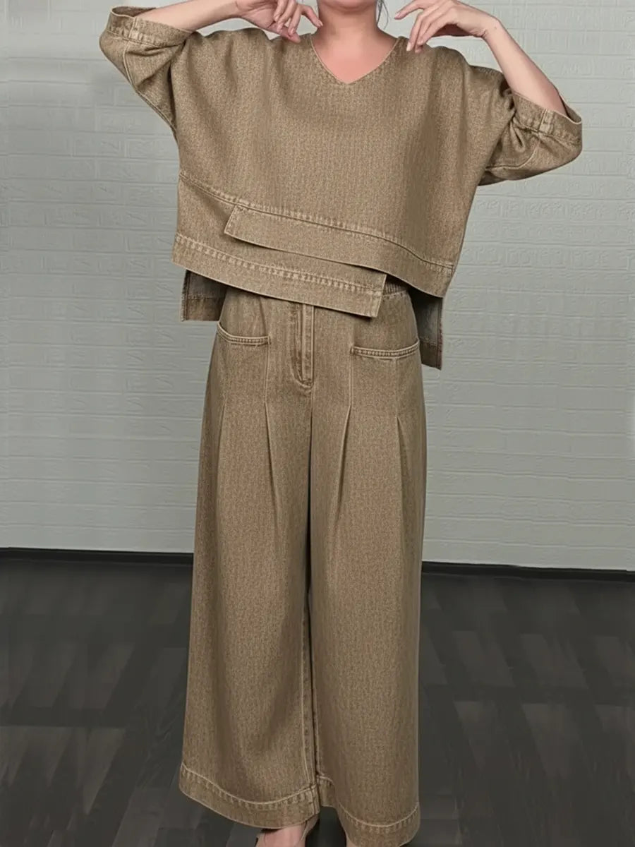 💝💝Women's Casual Denim Cotton Top And Pants Two-piece Set