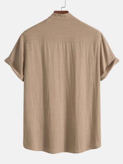 Linen And Rayon Blend Stand Collar Shirt & Linen Cotton Blend Drawstring Shorts-Mitchell Shoes