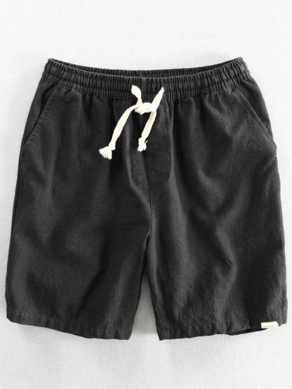 Linen Look Short Sleeve Stand Collar Shirt & Linen Cotton Blend Drawstring Shorts-Mitchell Shoes