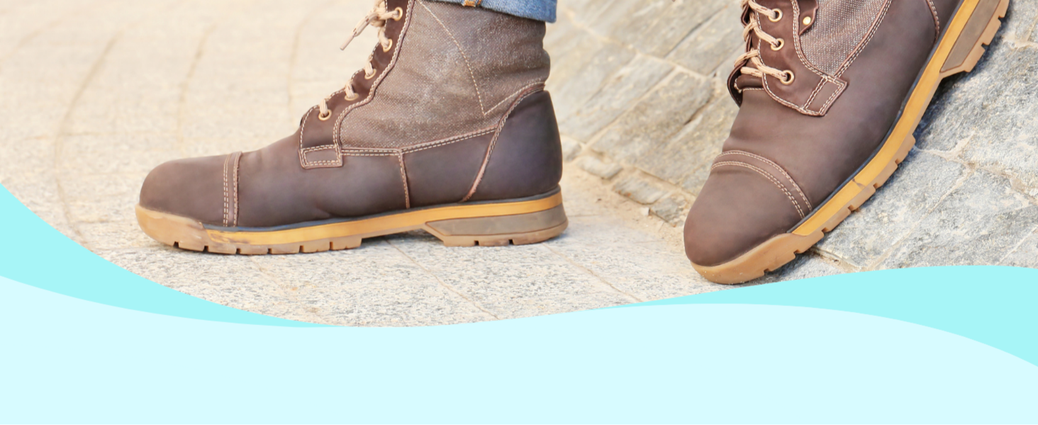 Multiple angles of brown leather work boots with thick soles, showing different views of the same boot style on textured surface.