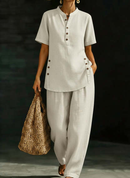 📦📦LAST DAY SAVE 49% ⏰Cozy Casual Button Shirt And Wide-leg Pants Linen Two-piece Set