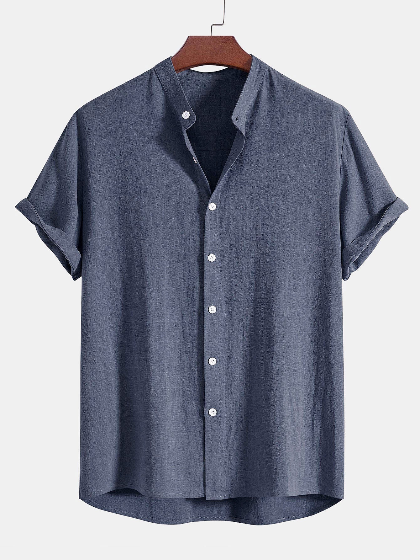 Linen And Rayon Blend Stand Collar Shirt & Linen Cotton Blend Drawstring Shorts-Mitchell Shoes