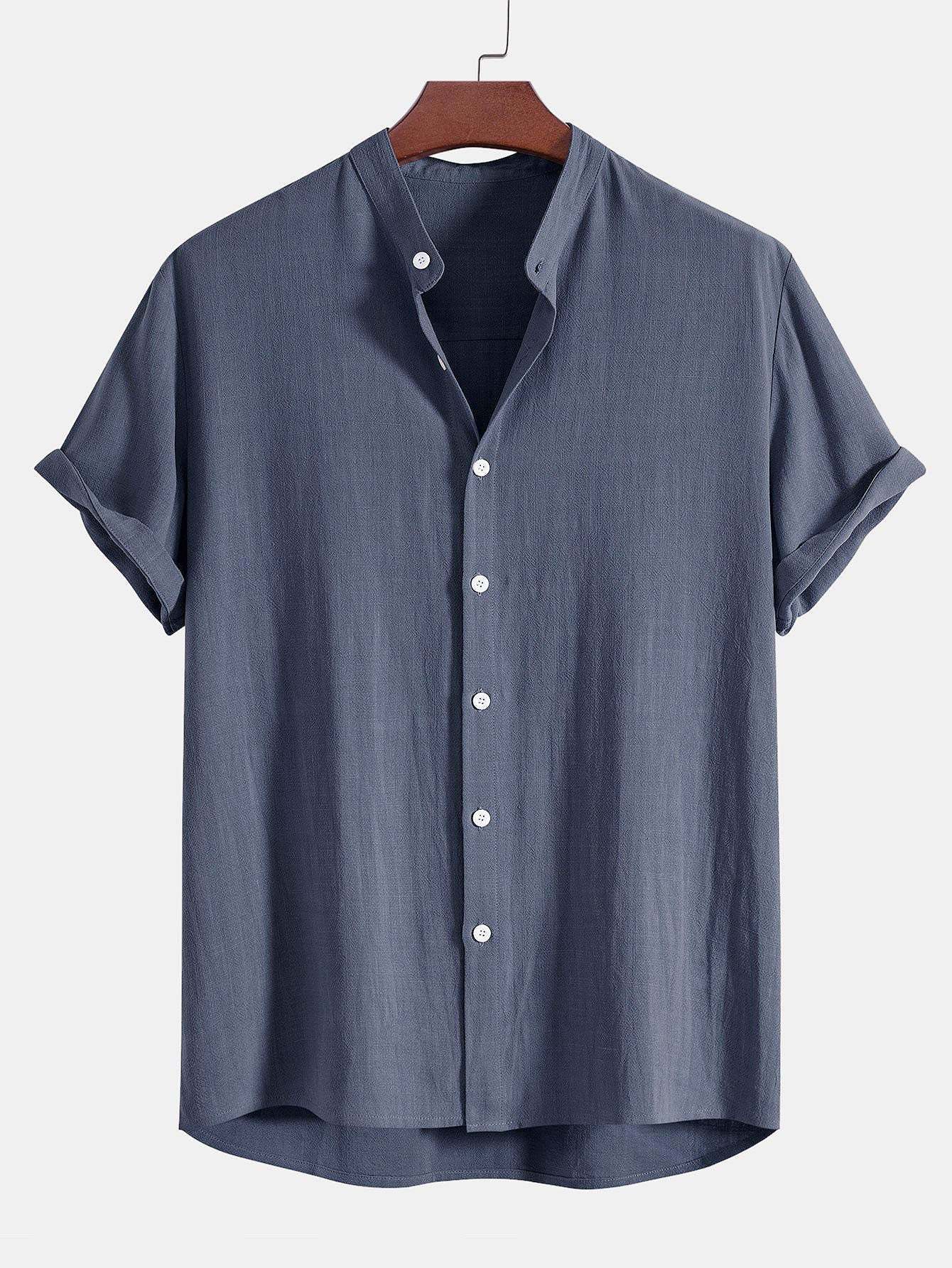 Linen And Rayon Blend Stand Collar Shirt & Linen Cotton Blend Drawstring Shorts-Mitchell Shoes