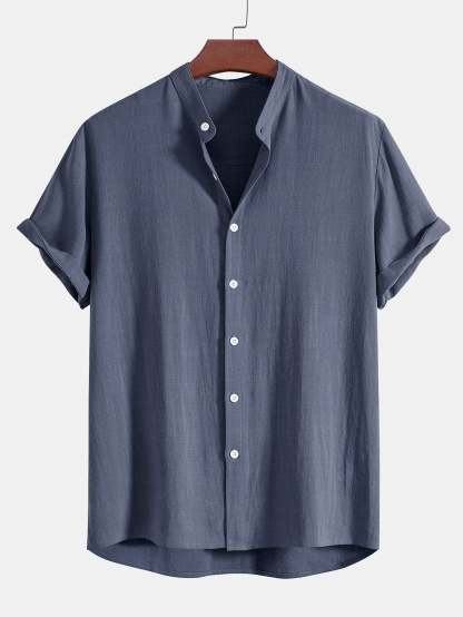 Linen And Rayon Blend Stand Collar Shirt & Linen Cotton Blend Drawstring Shorts-Mitchell Shoes