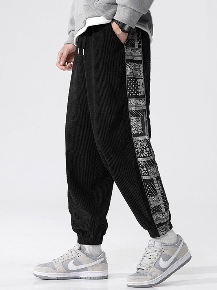 Gothic Los Angeles Print Washed Distressed Drop Shoulder T-Shirt & Corduroy Paisley Print Panel Pants-Mitchell Shoes