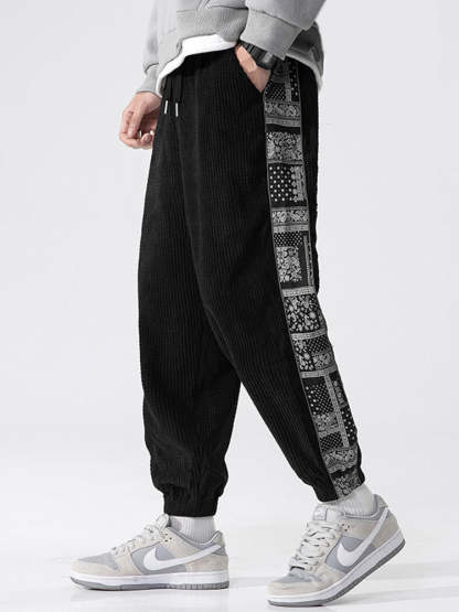 Gothic Los Angeles Print Washed Distressed Drop Shoulder T-Shirt & Corduroy Paisley Print Panel Pants-Mitchell Shoes