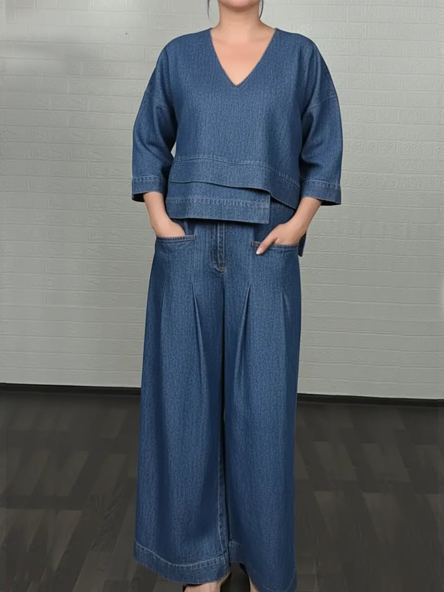 💝💝Women's Casual Denim Cotton Top And Pants Two-piece Set