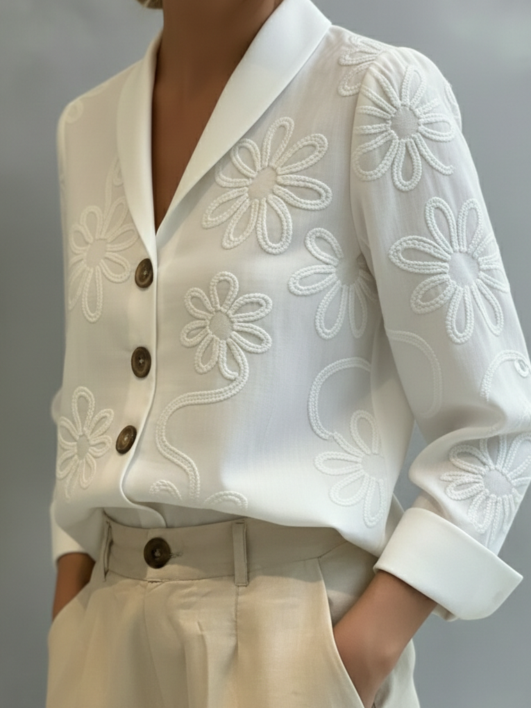 💝💝Vintage Floral Embroidered Shawl Collar Blouse