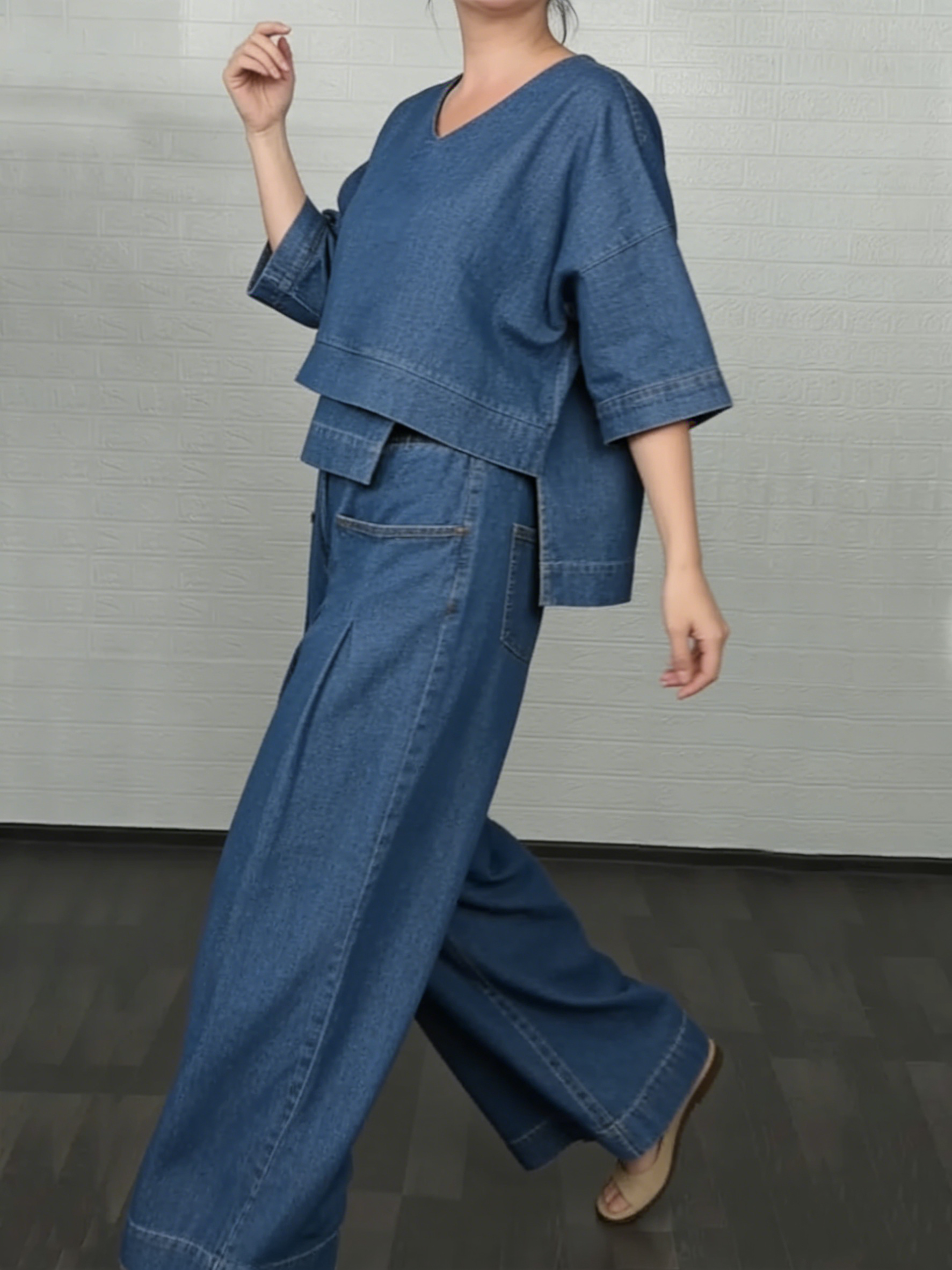 💝💝Women's Casual Denim Cotton Top And Pants Two-piece Set