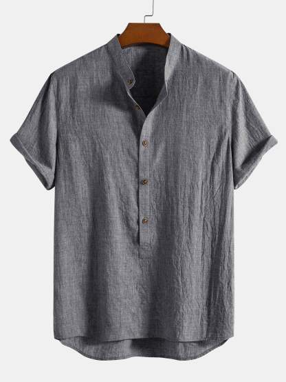 Short Sleeve Half Button Fly Henley Collar Shirt & Straight Leg Linen Pants-Mitchell Shoes
