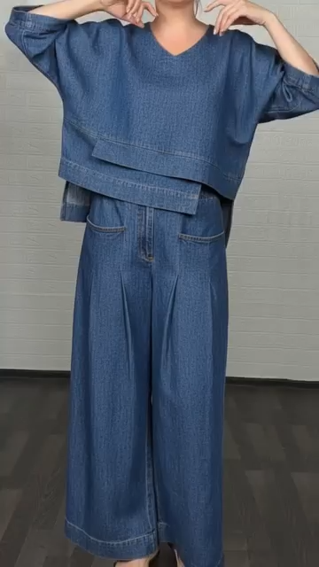 💝💝Women's Casual Denim Cotton Top And Pants Two-piece Set