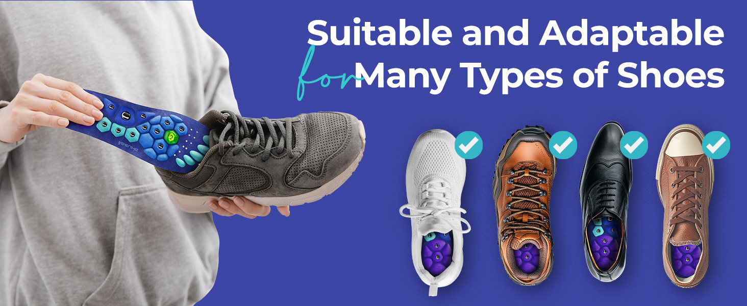 Blue shoe insoles with gel cushioning. Image shows insoles being inserted into gray sneakers, with four different shoe styles demonstrating compatibility: white sneakers, brown boots, black dress shoes, and tan casual shoes.