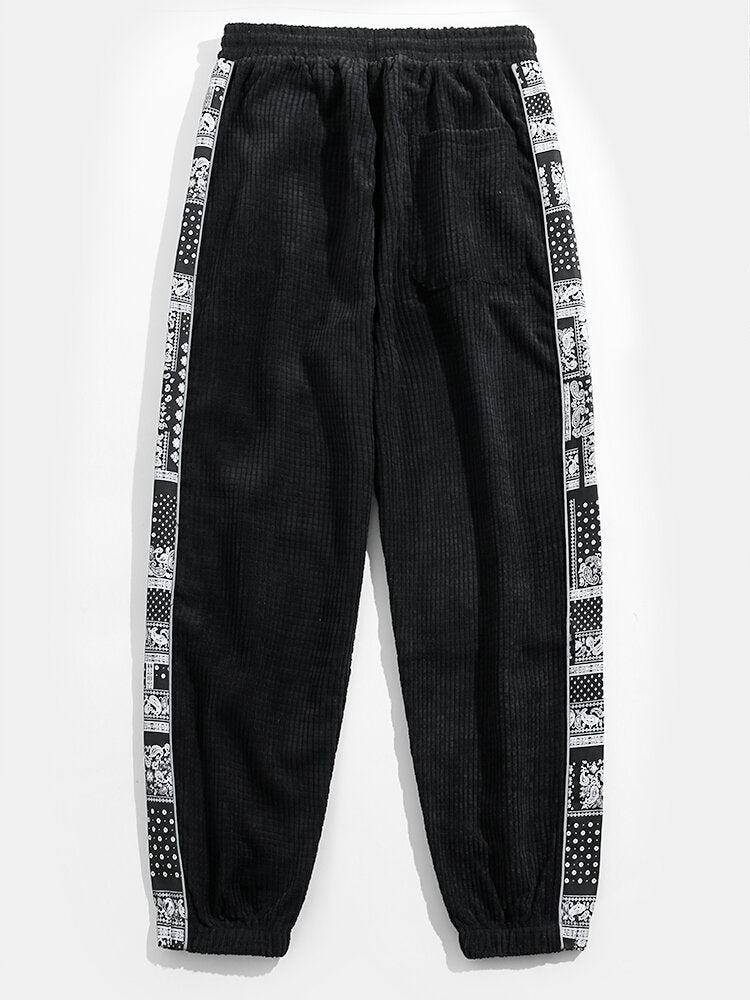 Gothic Los Angeles Print Washed Distressed Drop Shoulder T-Shirt & Corduroy Paisley Print Panel Pants-Mitchell Shoes