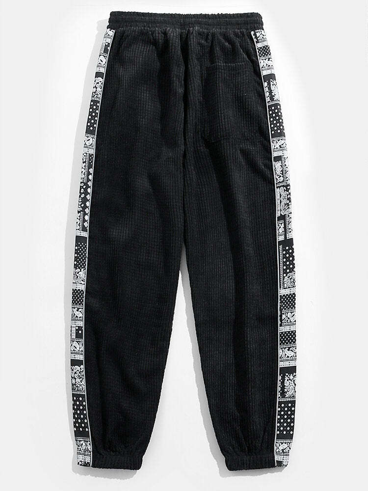 Gothic Los Angeles Print Washed Distressed Drop Shoulder T-Shirt & Corduroy Paisley Print Panel Pants-Mitchell Shoes