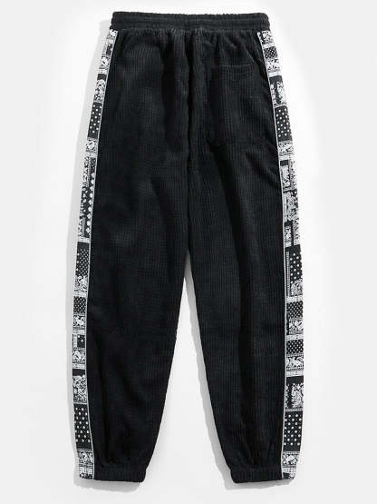 Gothic Los Angeles Print Washed Distressed Drop Shoulder T-Shirt & Corduroy Paisley Print Panel Pants-Mitchell Shoes