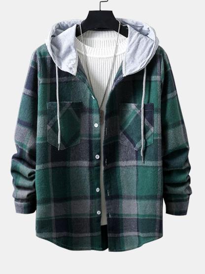 Long Sleeve Hooded Flannel Plaid Overshirt-Mitchell Shoes