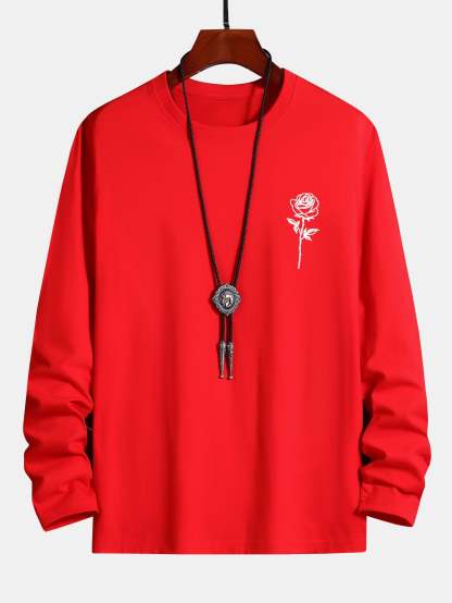 Long Sleeve Rose Print Cotton T-Shirt-Mitchell Shoes
