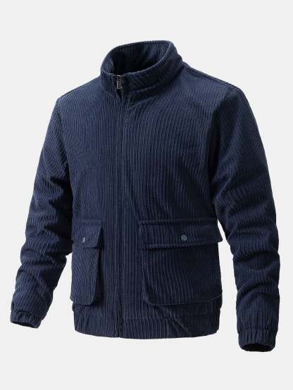 Funnel Neck Zipped Corduroy Jacket-Mitchell Shoes