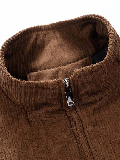 Funnel Neck Zipped Corduroy Jacket-Mitchell Shoes